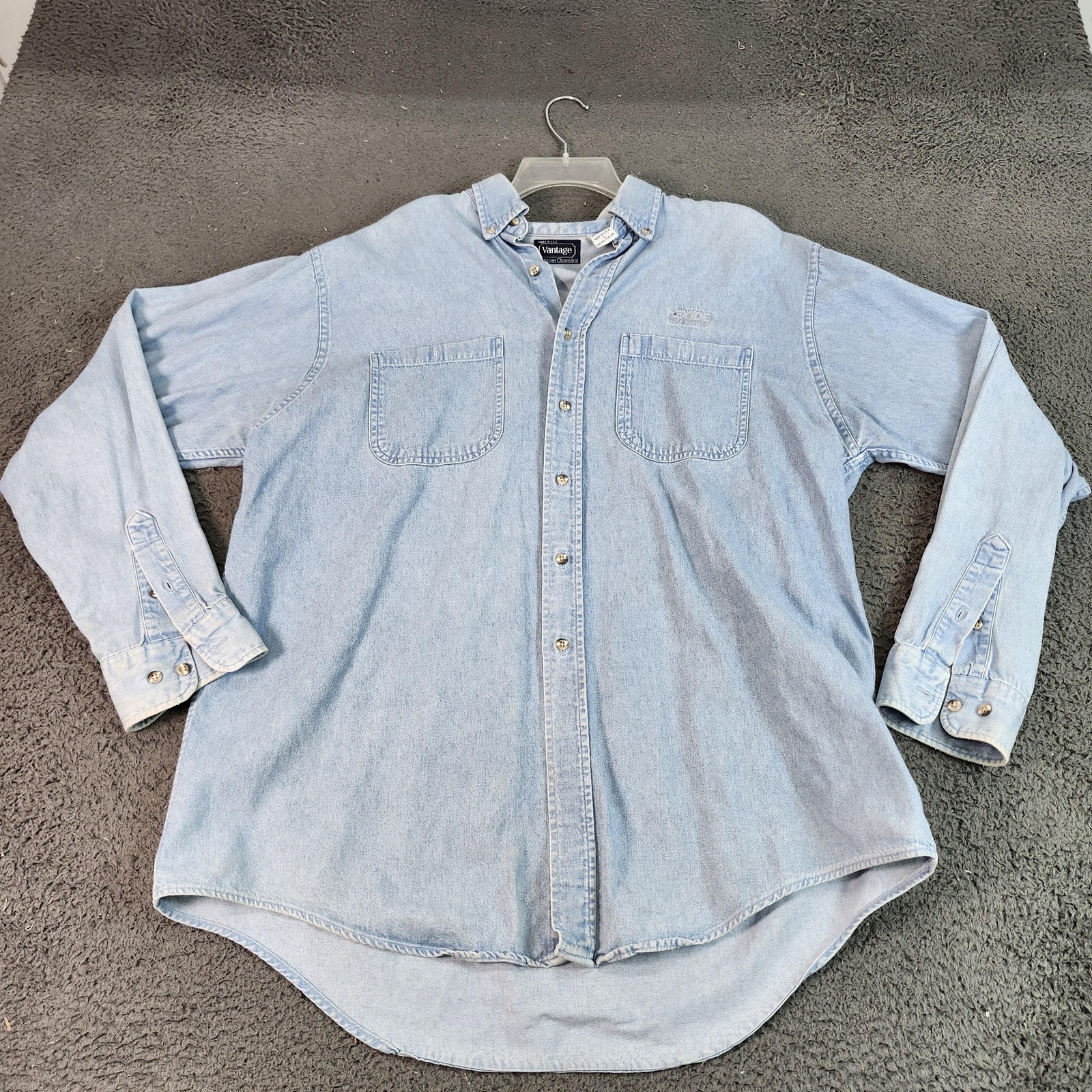 Vintage Vantage Shirt Mens Large Blue Denim Button Down Long Sleeve Made USA