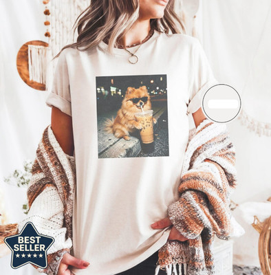 Funny Pomeranian Drinking Iced Coffee Shirt, Animal Meme Tee, Dog Lover Gift