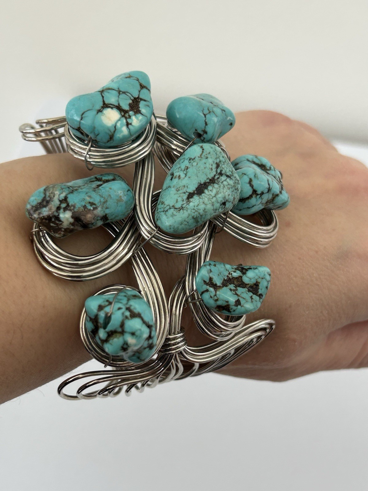 Statement Wire Cuff Bracelet Turquoise Nugget Sto… - image 6