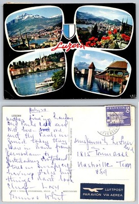 Vintage Luzern Switzerland Postcard Chapel Bridge Lake Color Photo 1950 Airmail