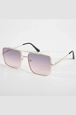 Flieger Sonnenbrille eckig goldene Fassung und rosa und lila Farbverlaufsgläser