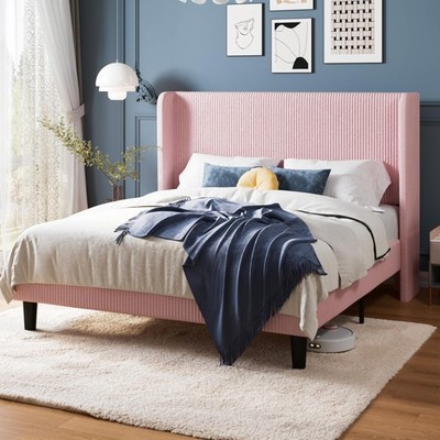 Queen Size Bed Frame with Upholstered Wingback Headboard, Vertical Channel Tu...