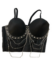 SHEIN Rhinestone Bustier Crop Top Size L   Black Sparkly Corset Party Club Top