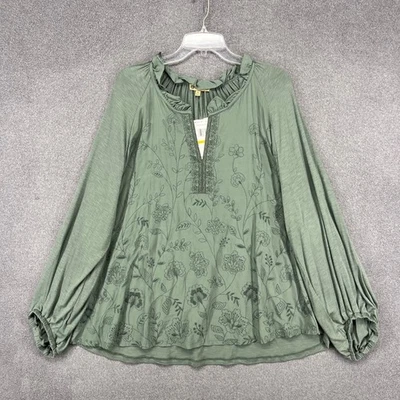 Democracy Embroidered Blouse Womens 3X Green Floral Ruffle Neck Boho WMA9000TX - Image 1 of 4