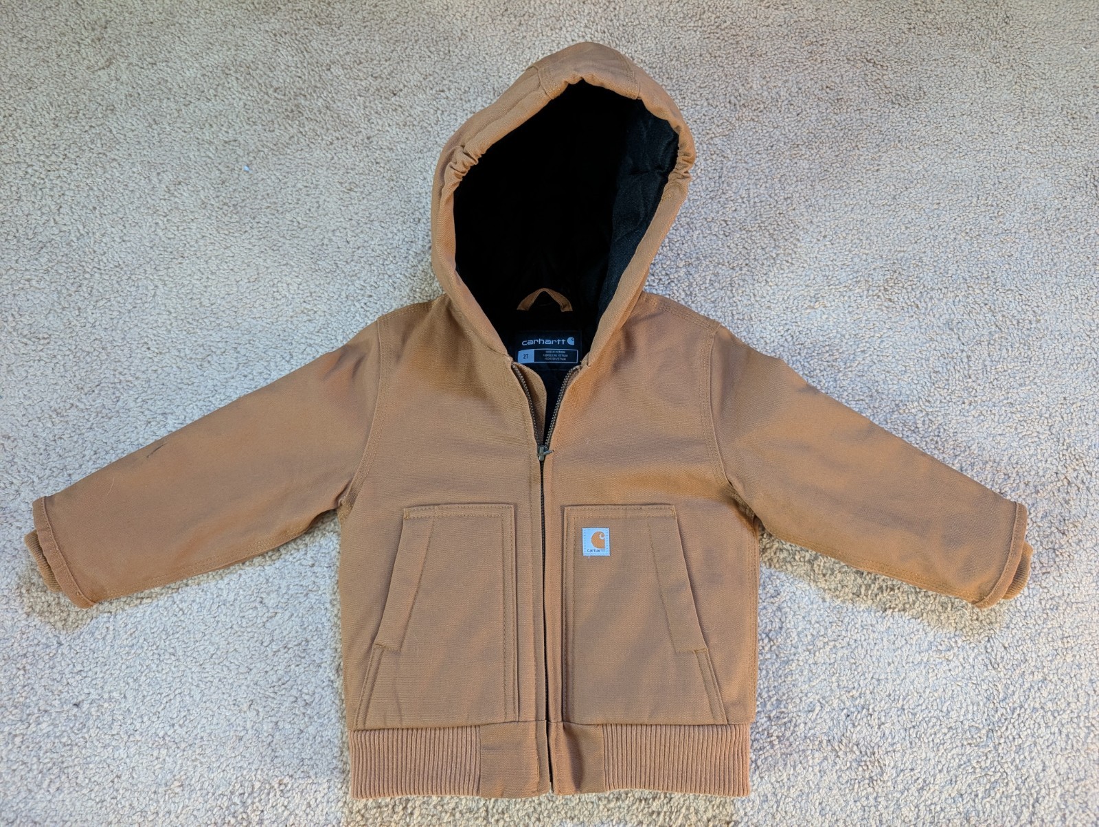 2T Carhartt Brown Hooded Lined, Zip Closure, Pockets, Insulated Jacket