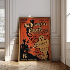 Vintage Halloween Haunt Poster, Retro Haunted House Print, Spooky Ghost Wall Art