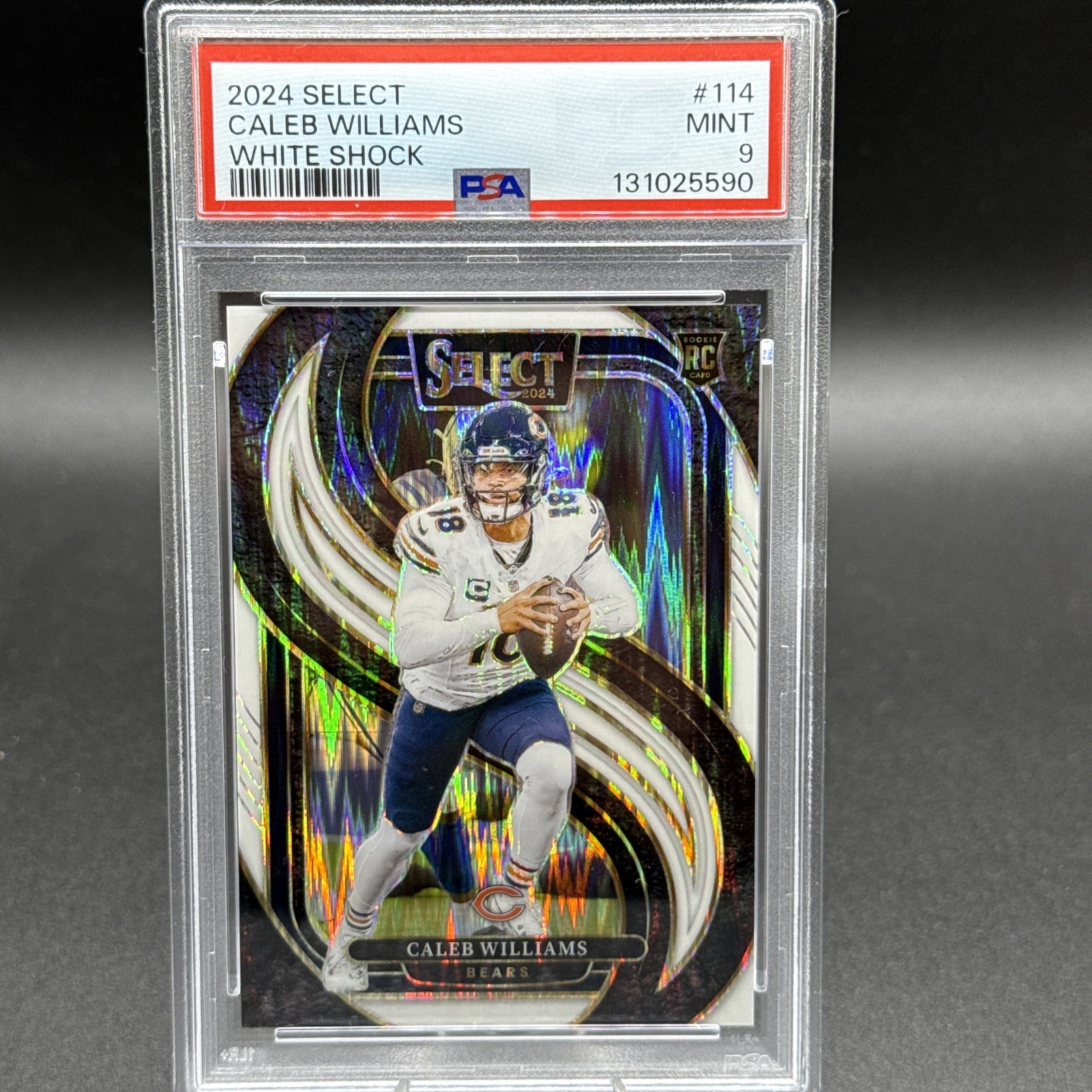 Caleb Williams RC, Premier-White Shock /199 #114 - 2024 Panini Select - PSA 9