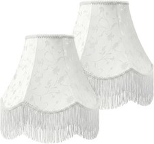SET OF 2 White Embossed Fabric FLORAL Bell Scalloped Fringe Lamp Shades Victoria