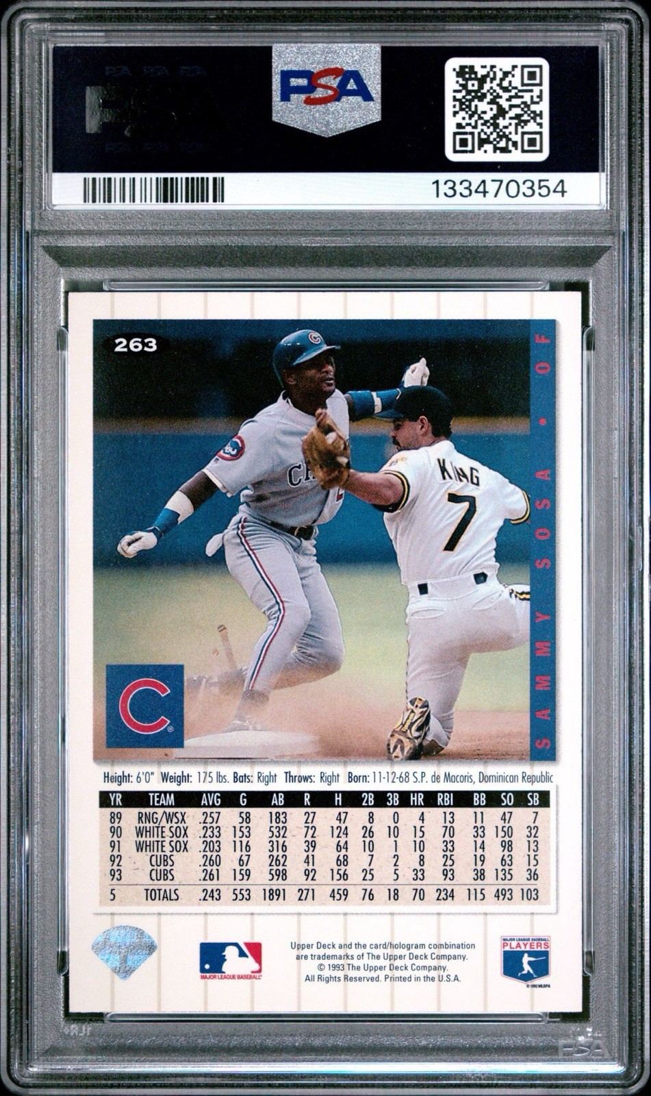 1994 UD Collector's Choice #263 Sammy Sosa PSA 8 NM-MT; Chicago Cubs MLB view 2