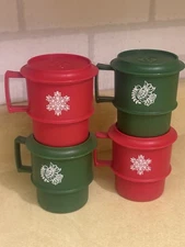 4 Tupperware Stackable Mugs #1312-7 Green Red Coffee Cocoa Cups Snowflake Dove