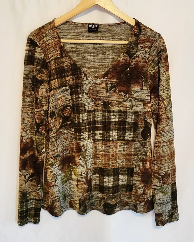 Blusa Vintage Anos 90 Whimsigoth Abstrata Paisley-Xadrez Manga Longa Decote V M Artística - Imagem 2 de 4