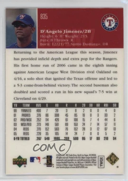 2006 Upper Deck Special F/X Blue D'Angelo Jimenez #835 - Image 2 of 2