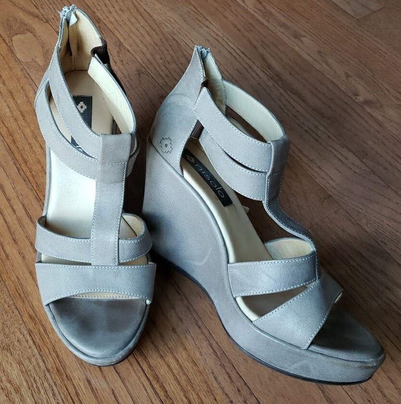 Nisolo Size 37 US 6.5 Grey Platform Wedge Heel Ankle Strap Leather Sandals Shoes