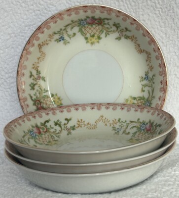 Vintage National China Set Of 4 Berry Bowls Basket Of Flowers Detailed Edge GUC