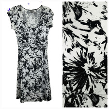 Chico's Jersey Knit Faux Wrap Fit & Flare Dress Black White Bold Floral Work M/8