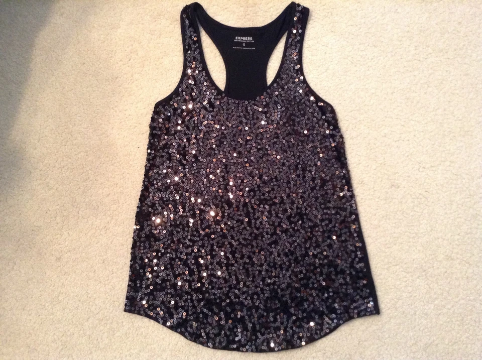 Б/у в отличном состоянии! Женская майка Express Dream Weight из хлопка черная/коричневатая с блестками размер XS/TP - Изображение 2 из 4