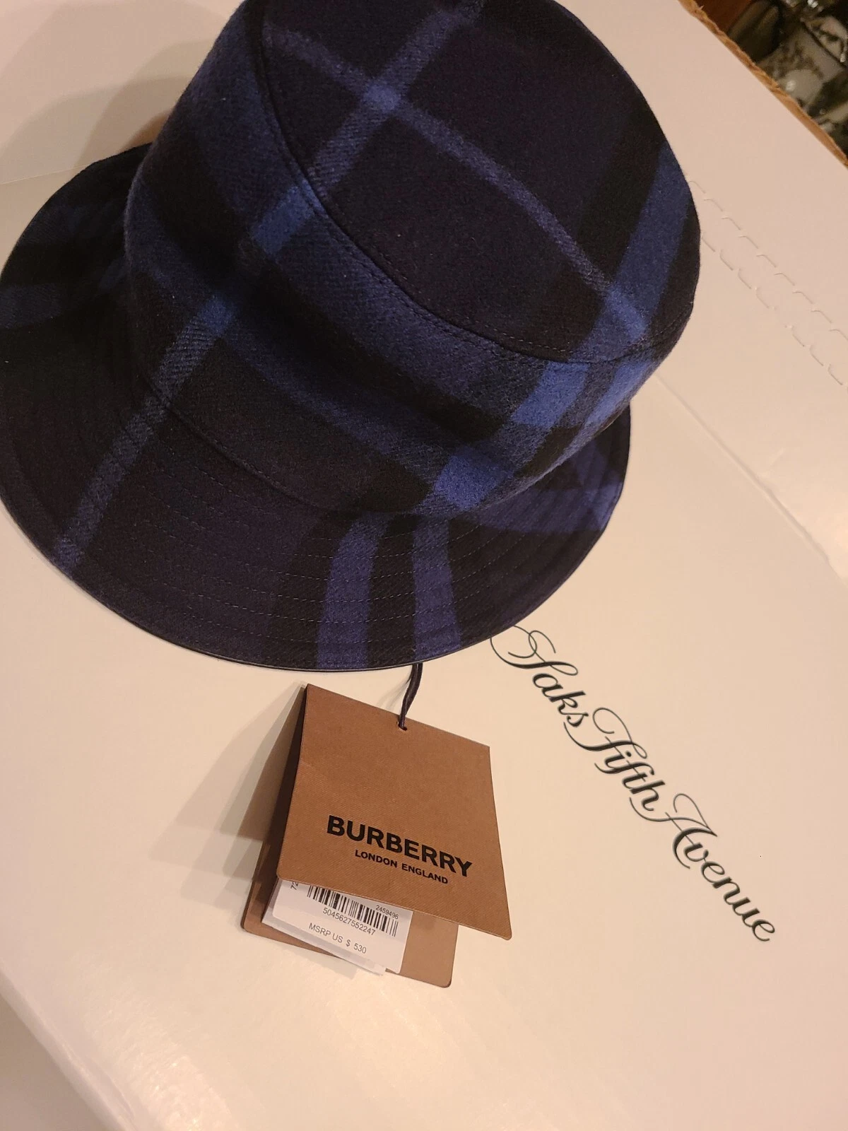 $650 Burberry Logo Bucket Hat Men Limited Wool Blue Large AUTHENTIC
