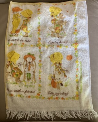 1970 s HOLLY HOBBIE Kitchen Hand TOWEL Vintage Fringe Stitch in Time Lend a Hand