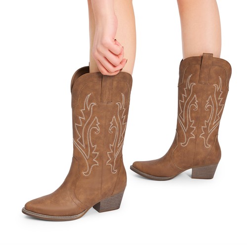 Women Western Mid Calf Boots Pointed Toe Low Heel Cowboy Cowgirls Boots - Picture 22 of 58