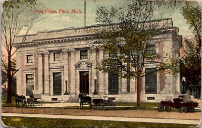 Flint Michigan MI US Post Office Genesee County Horse Buggy Car  Postcard A67