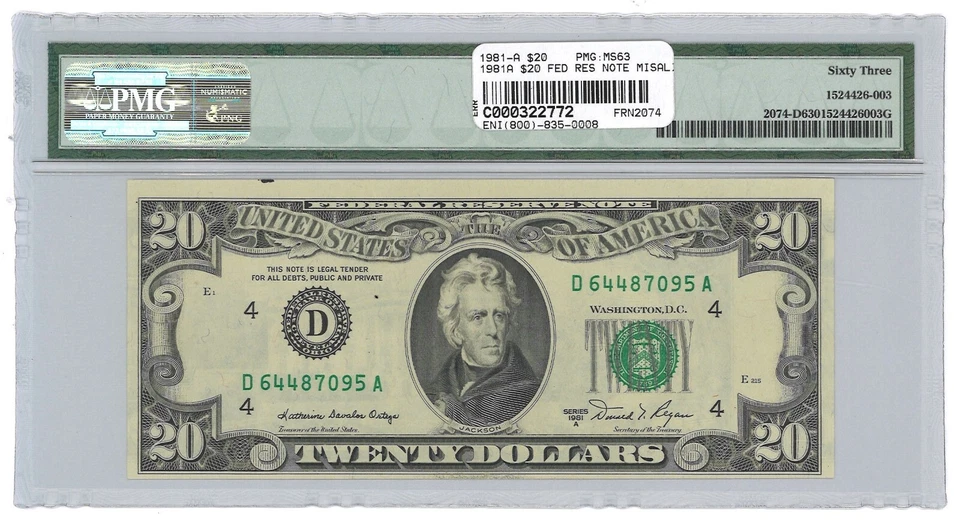1981A $20 Federal Reserve Note Cleveland Fr#2074-D PMG Ch UNC 63 Misalignment - Image 2 of 3