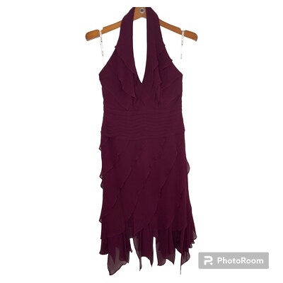 Tadashi Shoji Halter Dress 100% Silk 8P Layered Tiered Evening Gown Wine DeepRed
