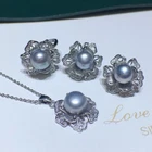 Gorgeous AAAAA 9-10mm South Sea Gray Stud Pearl Pendant &earring&ring Set 925s.