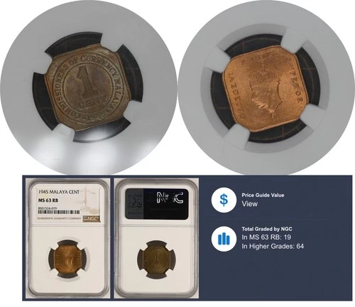 MS63 RB NGC 1 Cent 1945 Malaysia Coin Malaya King George #  / 1