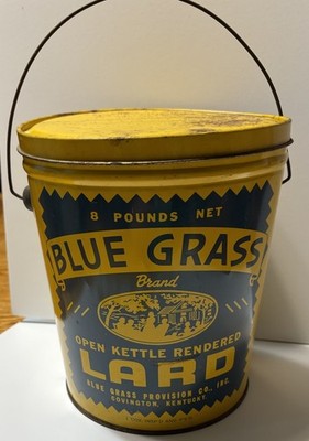 Vtg Blue Grass Lard 8 lb Metal Tin Can  Handle Covington KY Kentucky Yellow