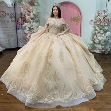 Champagne Shiny Quinceanera Dresses Off The Shoulder Sequin Applique Lace