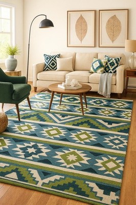 Handgetufteter Wollteppich: Southwestern Tribal Rautenmuster für Schlafzimmer...