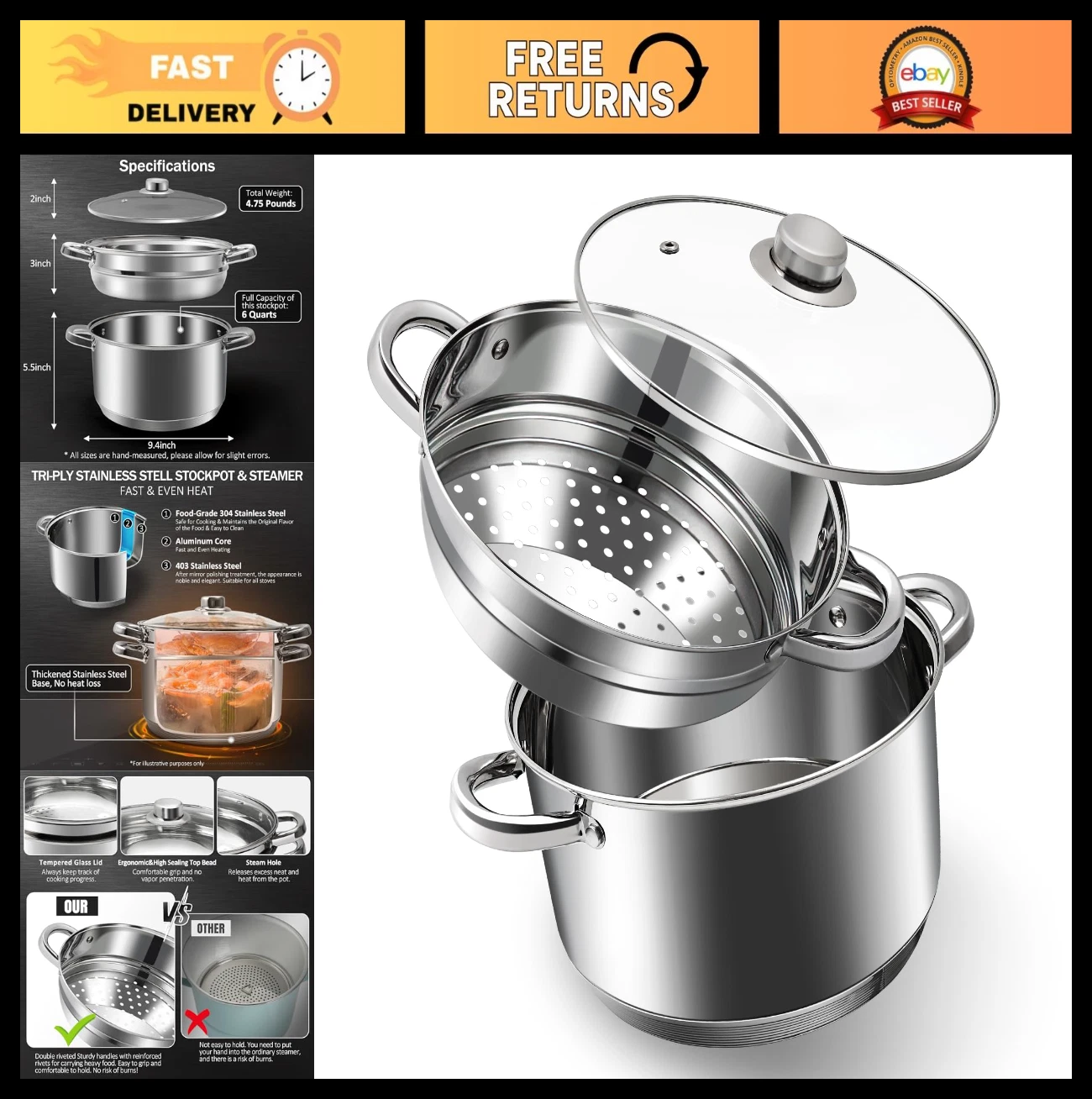 6 Quart Stainless Steel Tri-Ply Stockpot & Steamer, Tempered Glass Lid, Oven Saf