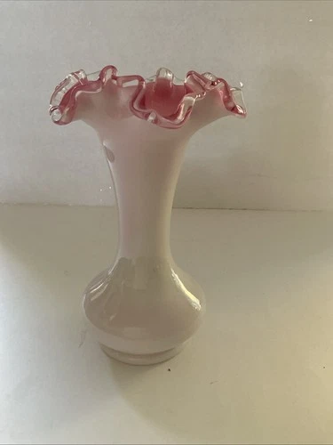 Vintage Fenton White/Pink/Peach Crest Ruffled Crimped Clear Glass Edge Vase 8"H