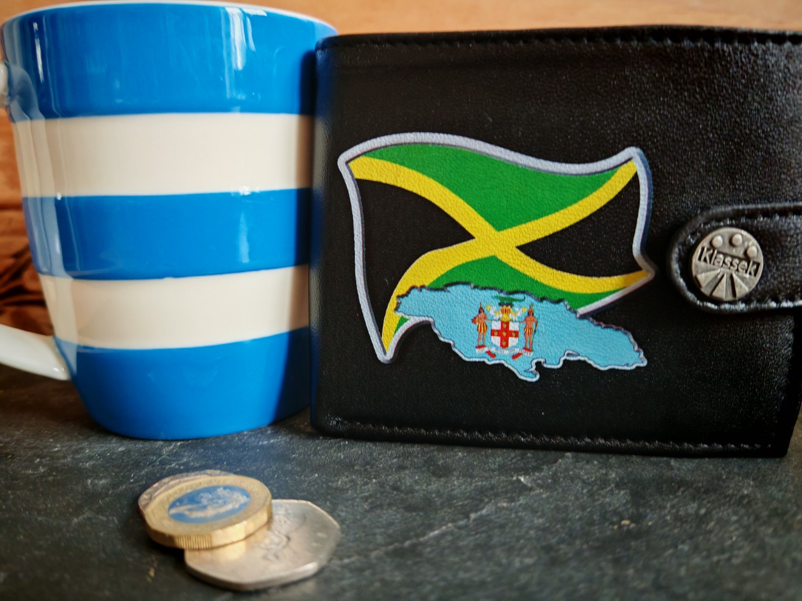 Jamaica Wallet Leather Jamaican Flag Map and Emblem Men's Gift Tin RFID Klassek