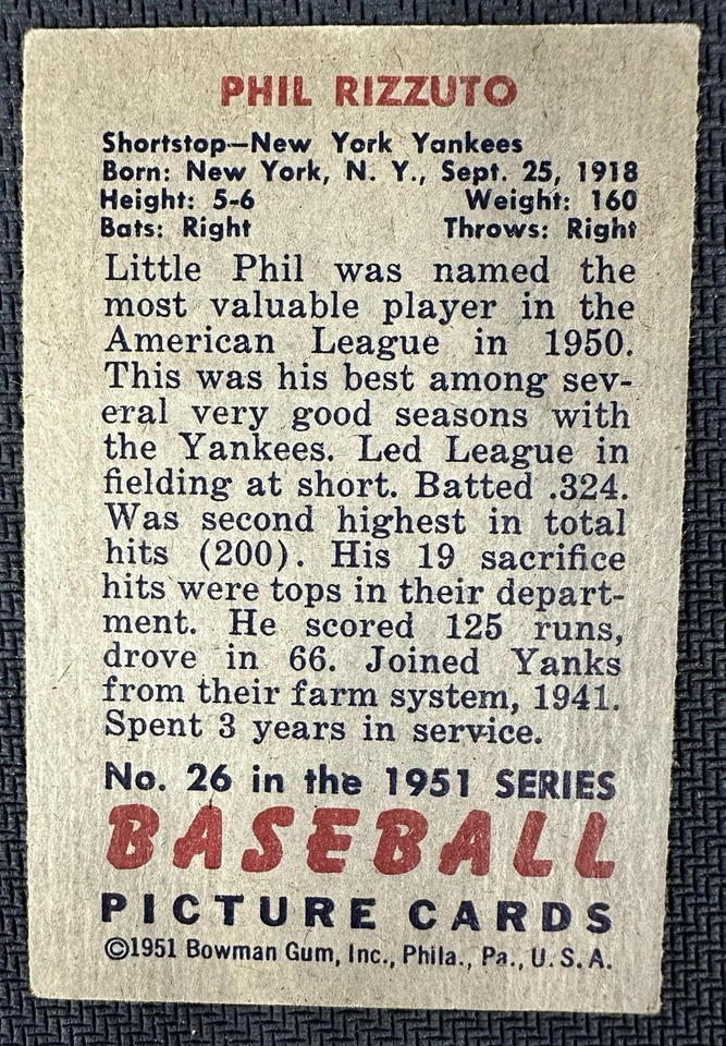 1951 Bowman #26 Phil Rizzuto New York Yankees cartão de beisebol muito bom/ex - Imagem 2 de 2