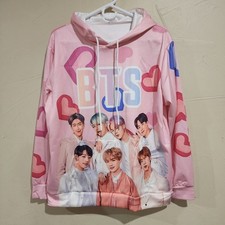 NWOT BTS Band Pink Hearts Long Sleeve Hoodie Sweatshirt Ears Polyester Sz M