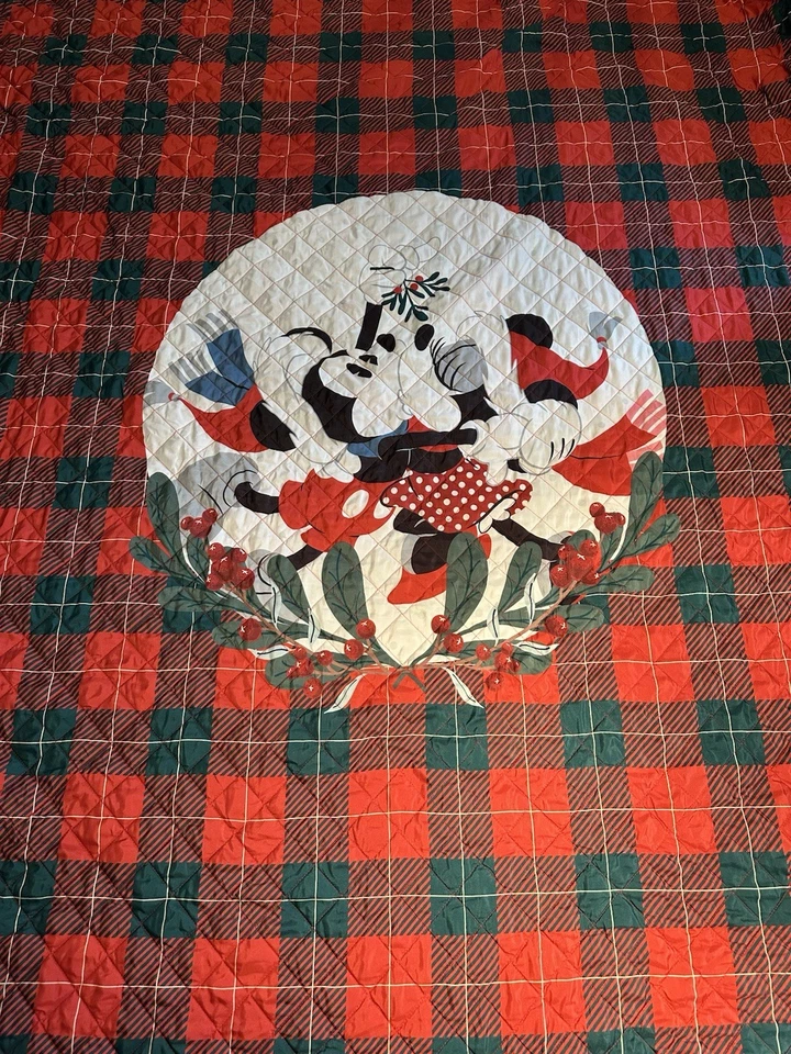 Mickey and Minnie Holiday Christmas Red & Green Plaid Twin Quilt & Shams! - Image 2 of 4