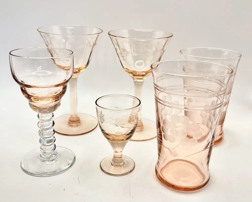 Vintage 6 Pink Depression Stemmed Wine Cordial Juice Floral Etched Glasses