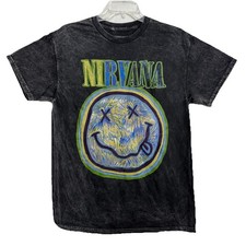Nirvana Women  s T-Shirt Medium Black Smile Face Grahic Acid Wash Band Tee NWOT