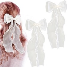 2pcs Hair Bow Clips for Women, Silk Yarn Pearl Long Tail Bow Barrette, Elegan...