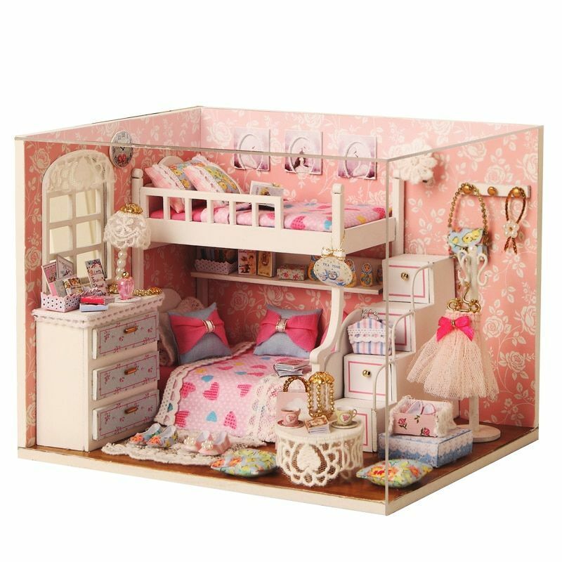 Doll House Wooden Furniture Kit LED Plastic Toy Miniature Children Birthday  Gift