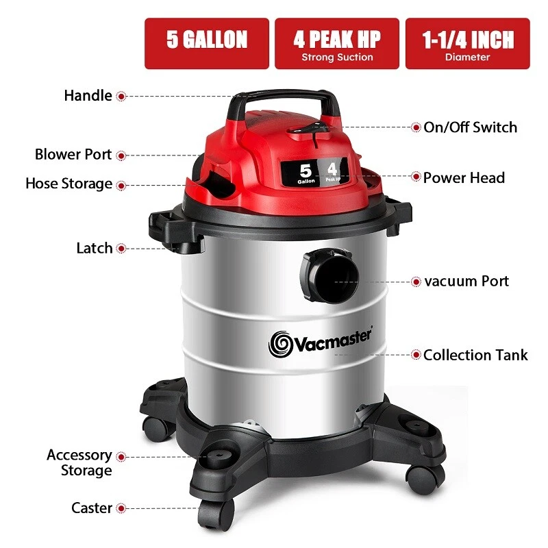 Aspiradora de taller en seco húmedo Vacmaster 5 gal 4 pico HP tanque de acero inoxidable VAC Foto 3 de 4