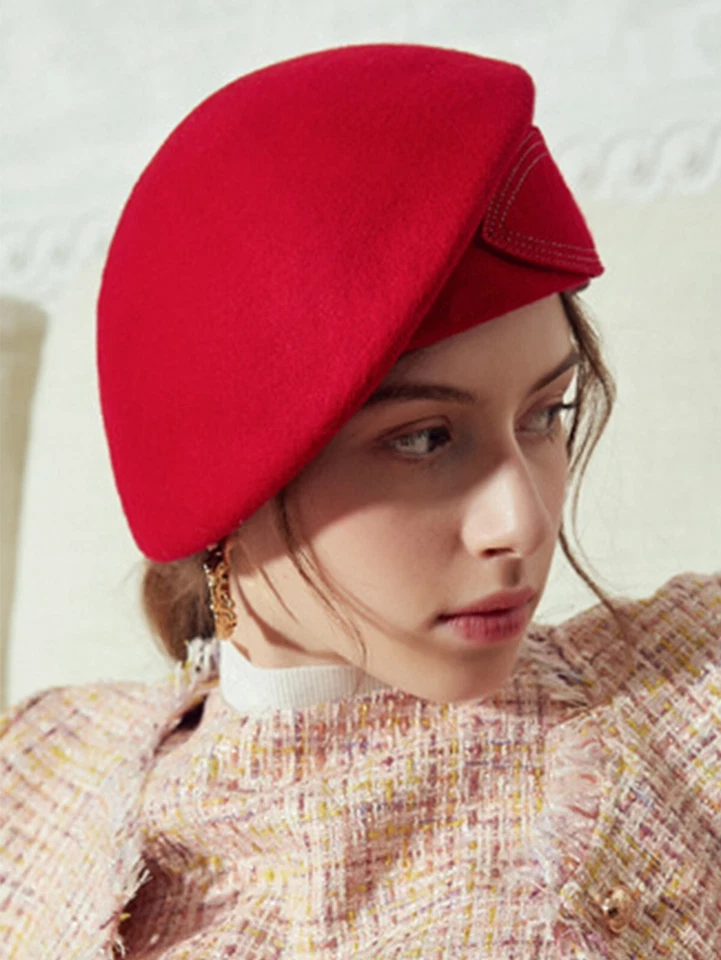 Wool Felt Beret Fascinator Hats For Women Tea Party Wedding Pillbox Hat With Bow - Image 2 of 4