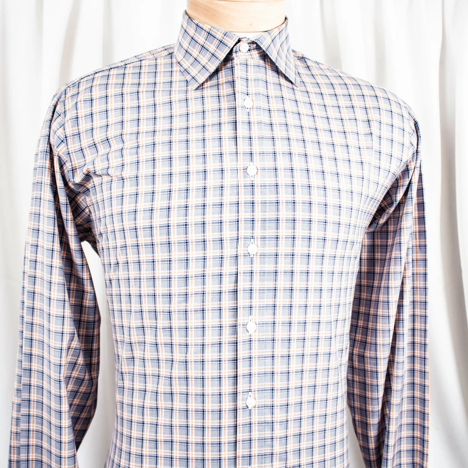 Camisa de vestir THOMAS PINK puños franceses naranja azul blanco a cuadros algodón para hombre talla 15 Foto 2 de 4