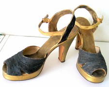 VTG 40s / 70s style black and gold refurbished platform heel disco glam shoes, 8