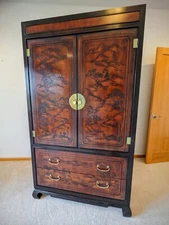 Drexel Heritage Connoisseur Wardrobe & Nightstand Pair - Carved Chinoiserie