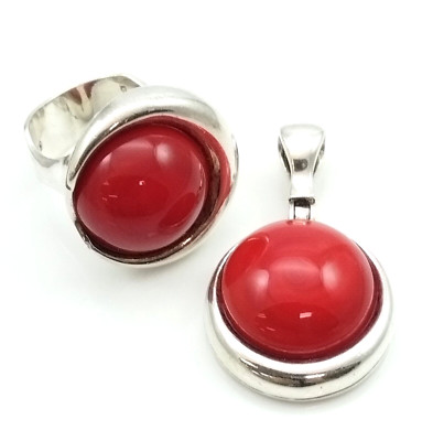 Kurshuni Red Stone Sterling Silver Modernist Pendant & Ring Set Size 8.5 FZ