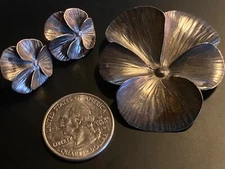 VTG Sterling Silver STUART NYE Art Deco Pansy Poppy Violet Flower Brooch&Earring