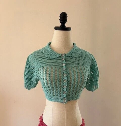 Vintage Betsey Johnson Aqua Crochet Cropped Cardigan Diamond Buttons Size L