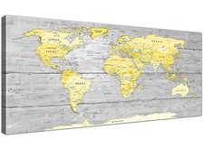 Large Yellow Grey Map of World Atlas Canvas Wall Art Print - 120cm Wide - 1305